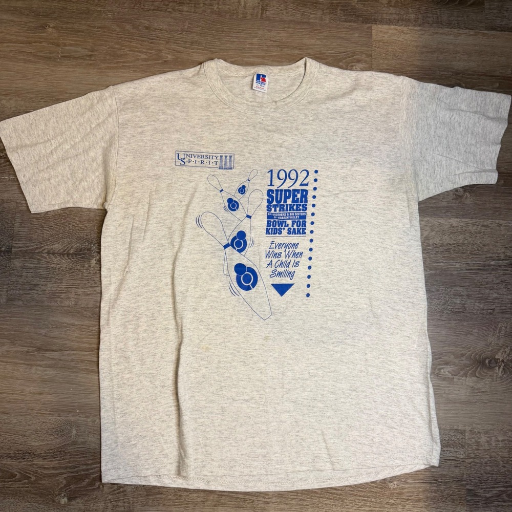 Vintage 1992 Russell Athletic Bowling T Shirt XL Gray Single Stitch Made in USA